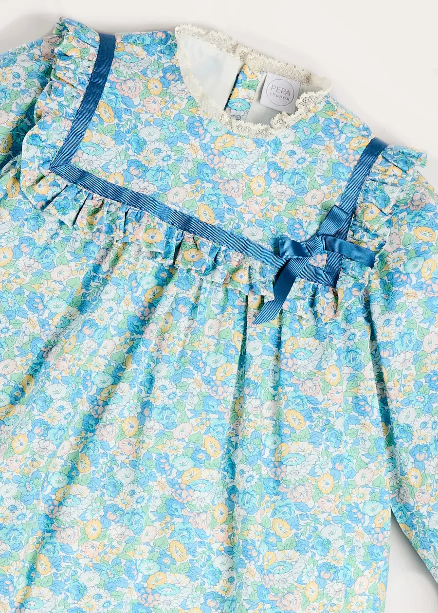 Leontyne Floral Bow Detail Long Sleeve Trapeze Dress in Blue Made with Liberty Fabric (18mths- 10yrs) Dresses from Pepa London