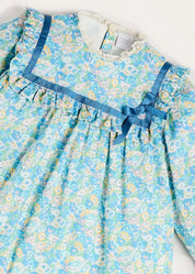Leontyne Floral Bow Detail Long Sleeve Trapeze Dress in Blue Made with Liberty Fabric (18mths- 10yrs) Dresses from Pepa London