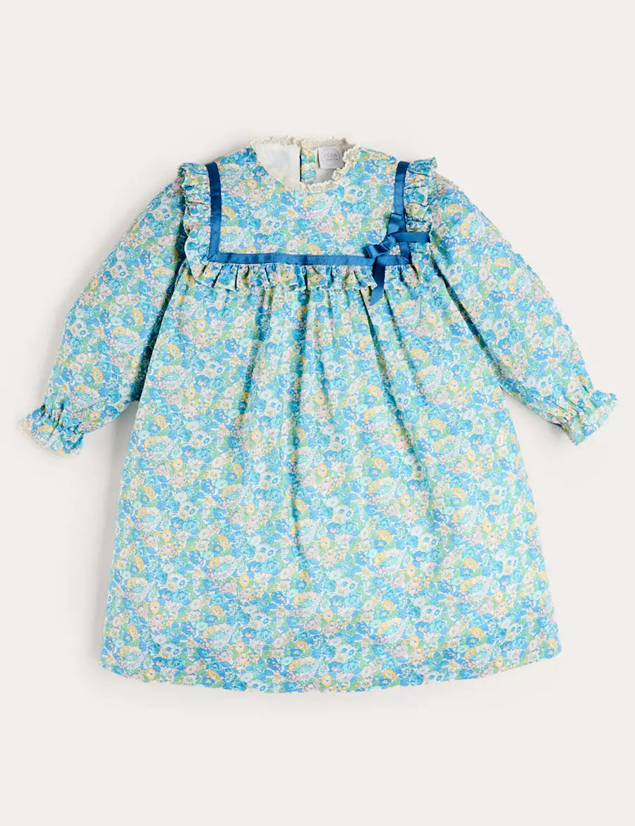 Leontyne Floral Bow Detail Long Sleeve Trapeze Dress in Blue Made with Liberty Fabric (18mths- 10yrs) Dresses from Pepa London
