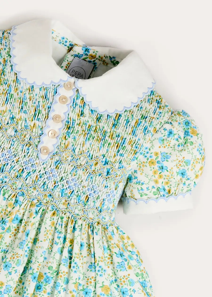 Louisa Floral Hand Smocked Short Sleeve Dress in Blue (18mths- 10yrs) Dresses from Pepa London