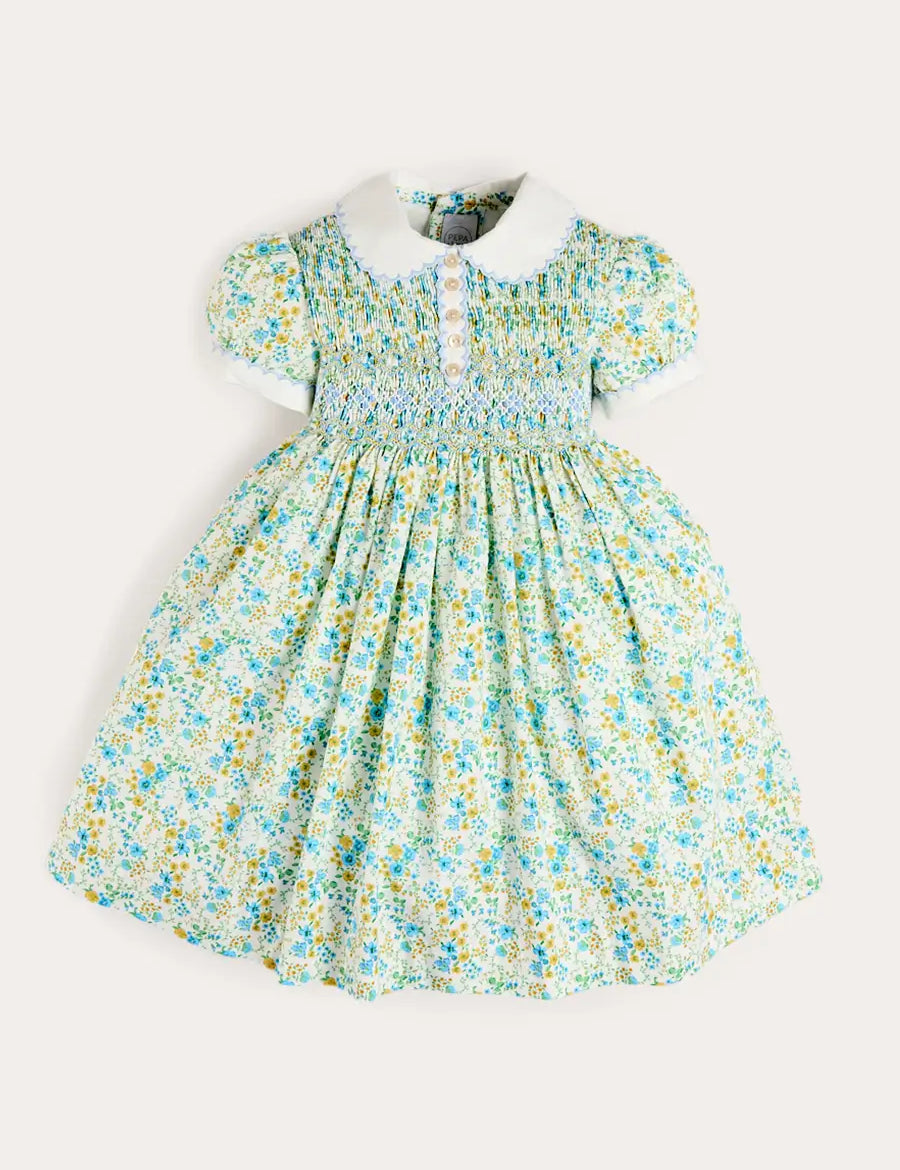 Louisa Floral Hand Smocked Short Sleeve Dress in Blue (18mths- 10yrs) Dresses from Pepa London
