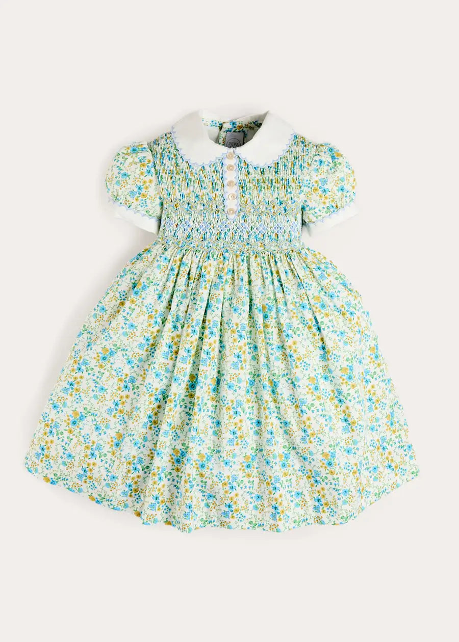 Louisa Floral Hand Smocked Short Sleeve Dress in Blue (18mths- 10yrs) Dresses from Pepa London