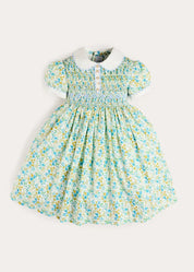 Louisa Floral Hand Smocked Short Sleeve Dress in Blue (18mths- 10yrs) Dresses from Pepa London