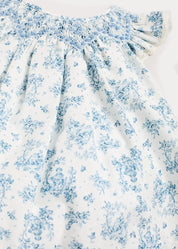 Audrey Toile Capped Sleeve Hand Smocked Dress with Bloomers in Blue (3-12mths) Dresses from Pepa London