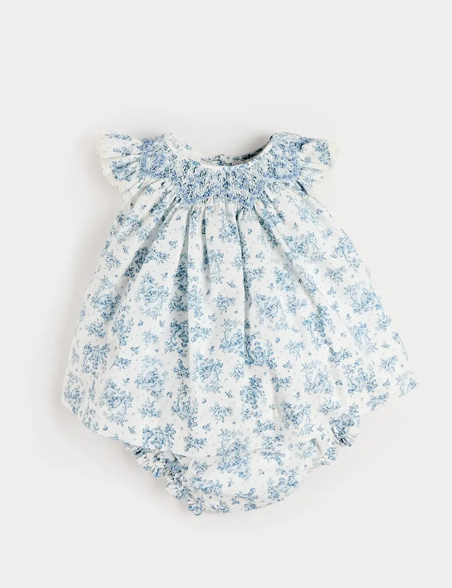 Audrey Toile Capped Sleeve Hand Smocked Dress with Bloomers in Blue (3-12mths) Dresses from Pepa London