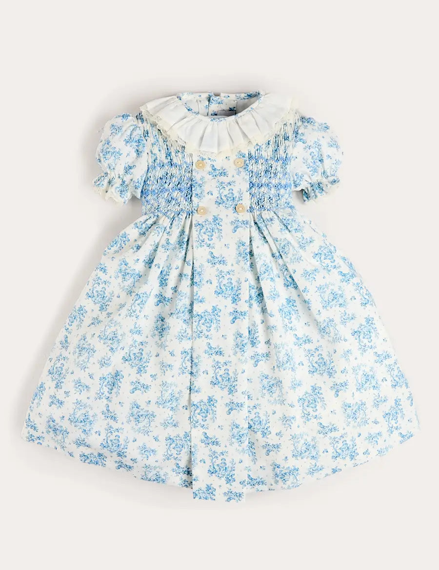 Audrey Toile Hand Smocked Ruffle Collar Short Sleeve Dress in Blue (12mths- 10yrs) Dresses from Pepa London