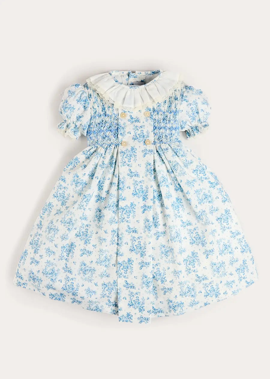 Audrey Toile Hand Smocked Ruffle Collar Short Sleeve Dress in Blue (12mths- 10yrs) Dresses from Pepa London