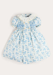 Audrey Toile Hand Smocked Ruffle Collar Short Sleeve Dress in Blue (12mths- 10yrs) Dresses from Pepa London