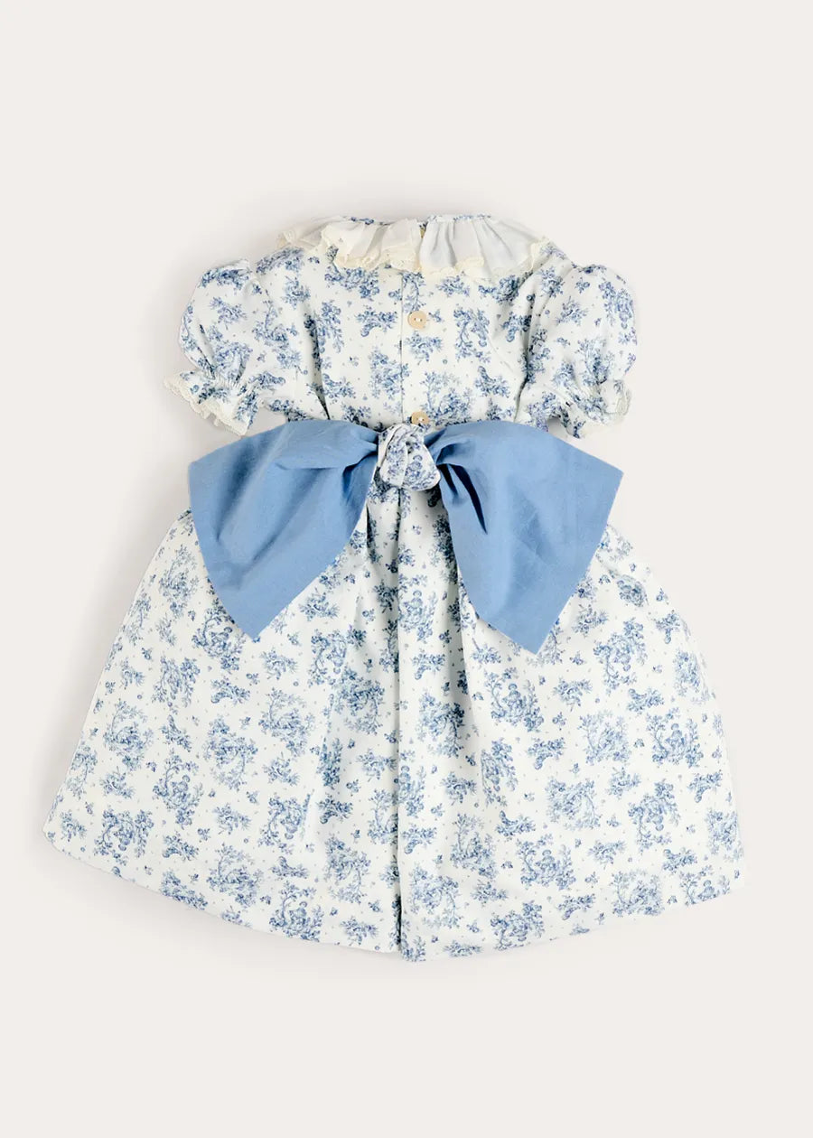 Audrey Toile Hand Smocked Ruffle Collar Short Sleeve Dress in Blue (12mths- 10yrs) DRESSES from Pepa London
