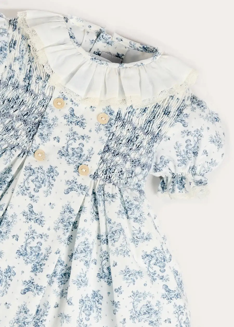 Audrey Toile Hand Smocked Ruffle Collar Short Sleeve Dress in Blue (12mths- 10yrs) DRESSES from Pepa London