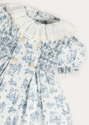Audrey Toile Hand Smocked Ruffle Collar Short Sleeve Dress in Blue (12mths- 10yrs) DRESSES from Pepa London