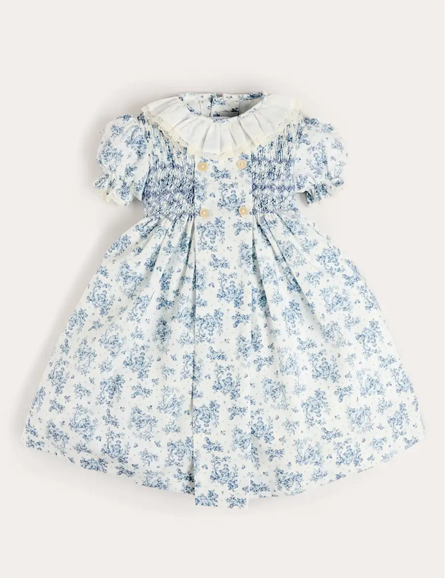 Audrey Toile Hand Smocked Ruffle Collar Short Sleeve Dress in Blue (12mths- 10yrs) DRESSES from Pepa London