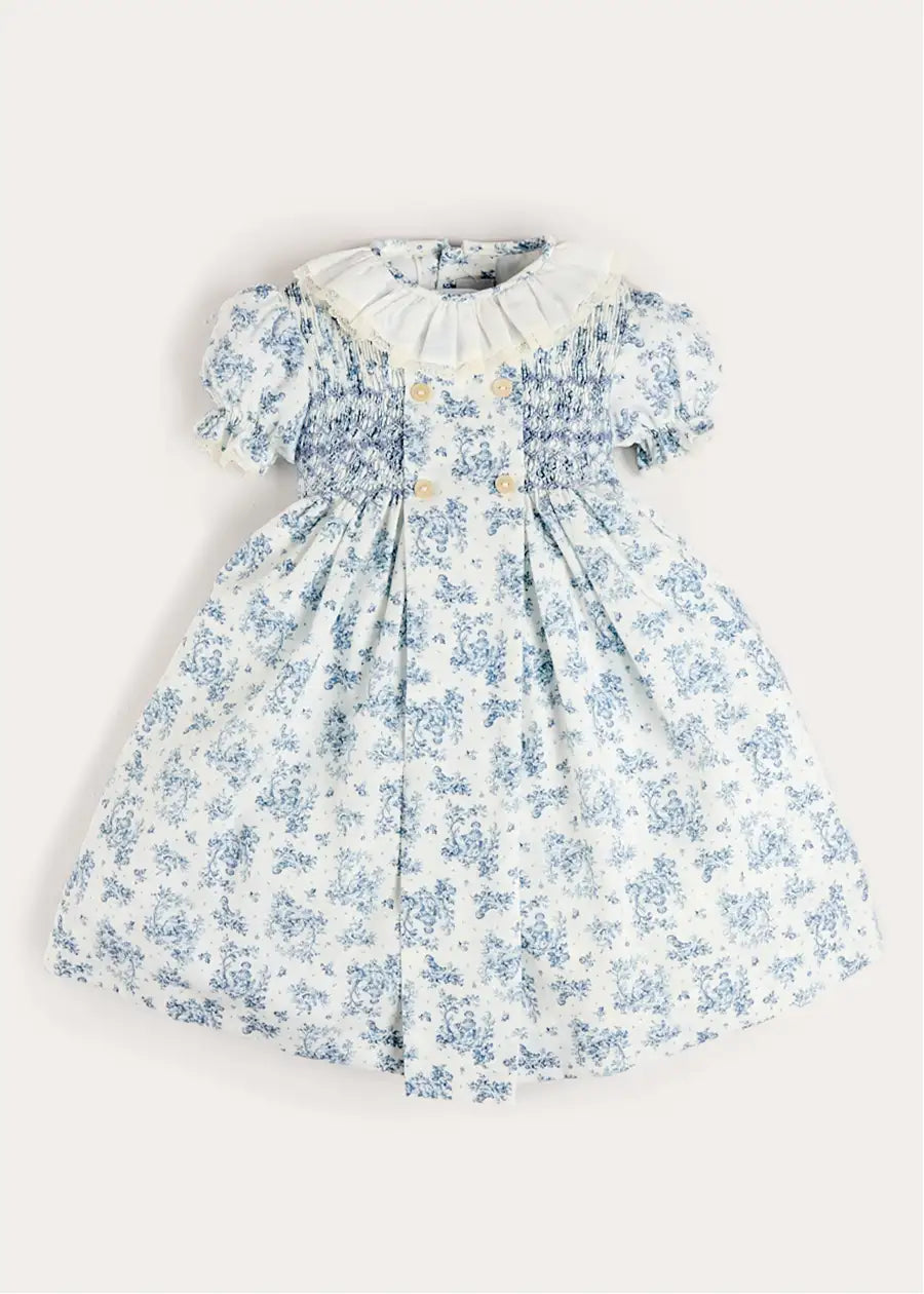 Audrey Toile Hand Smocked Ruffle Collar Short Sleeve Dress in Blue (12mths- 10yrs) DRESSES from Pepa London