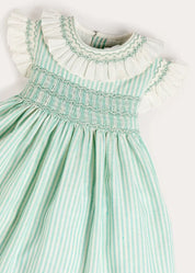 Wimbledon Stripe Hand Smocked Frill Collar Cap Sleeve Dress in Green (12mths- 10yrs) Dresses from Pepa London