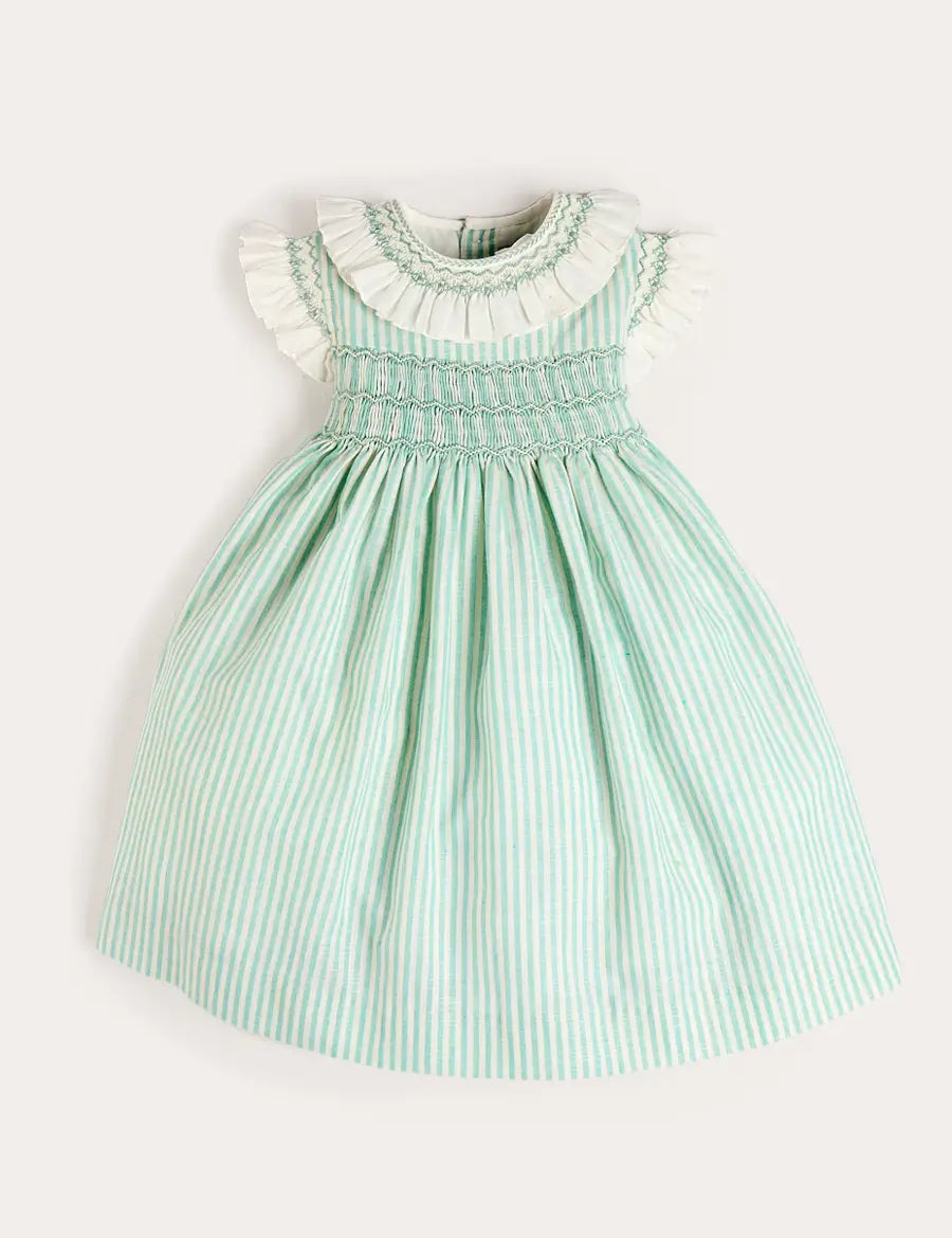 Wimbledon Stripe Hand Smocked Frill Collar Cap Sleeve Dress in Green (12mths- 10yrs) Dresses from Pepa London