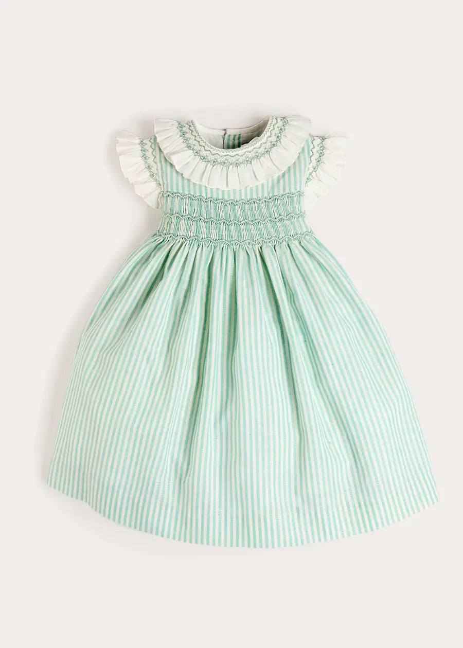 Wimbledon Stripe Hand Smocked Frill Collar Cap Sleeve Dress in Green (12mths- 10yrs) Dresses from Pepa London