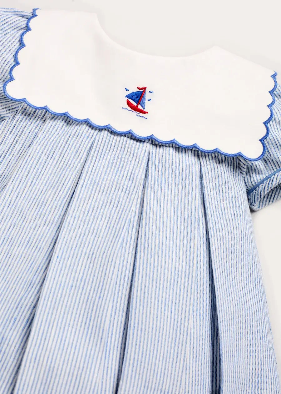 Alexander Stripe Mariner Collar Embroidered Boat Detail Dress with Bloomers in Blue (6mths-3yrs) Dresses from Pepa London