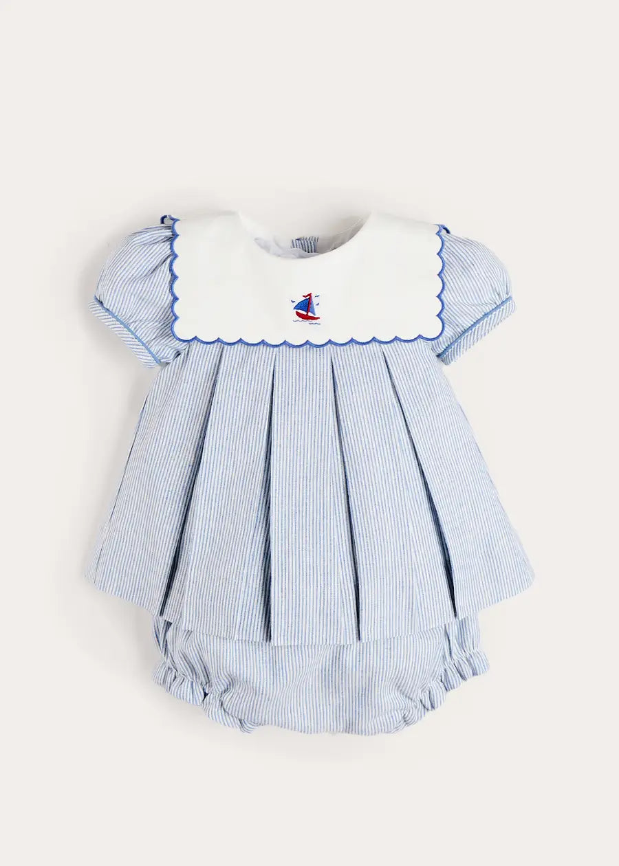Alexander Stripe Mariner Collar Embroidered Boat Detail Dress with Bloomers in Blue (6mths-3yrs) Dresses from Pepa London