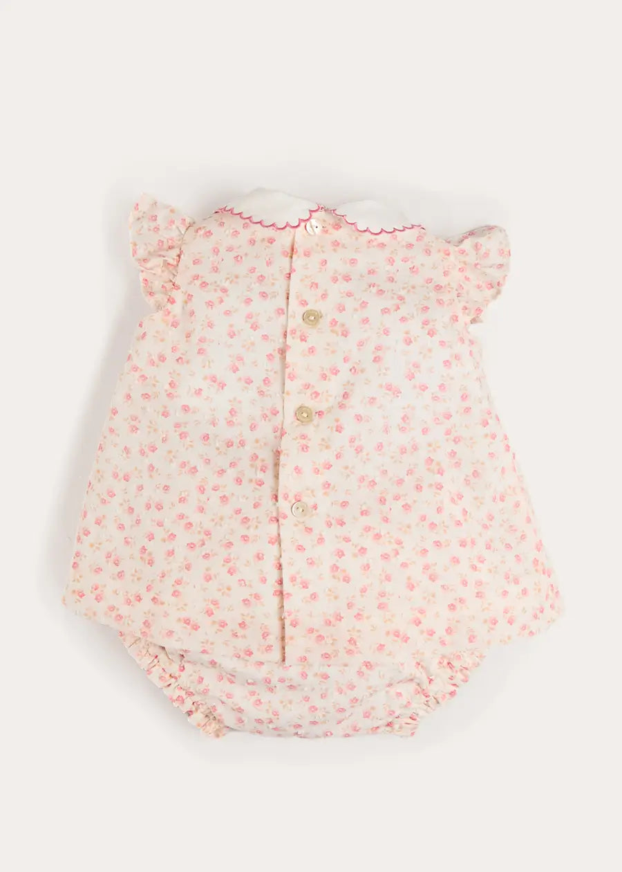 Martha Floral Hand Smocked Cap Sleeve Scallop Collar Dress in Pink (1-9mths) Dresses from Pepa London