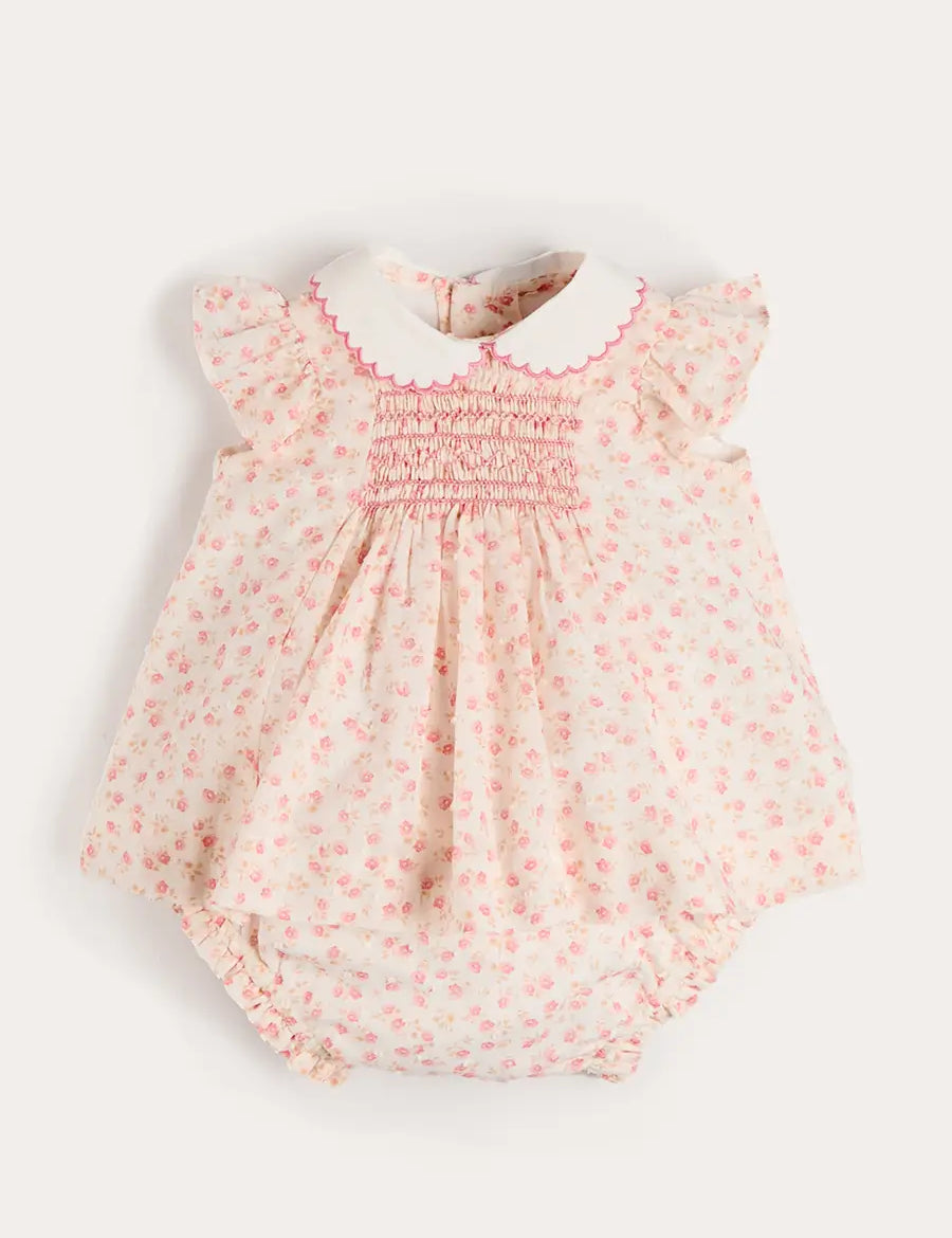 Martha Floral Hand Smocked Cap Sleeve Scallop Collar Dress in Pink (1-9mths) Dresses from Pepa London