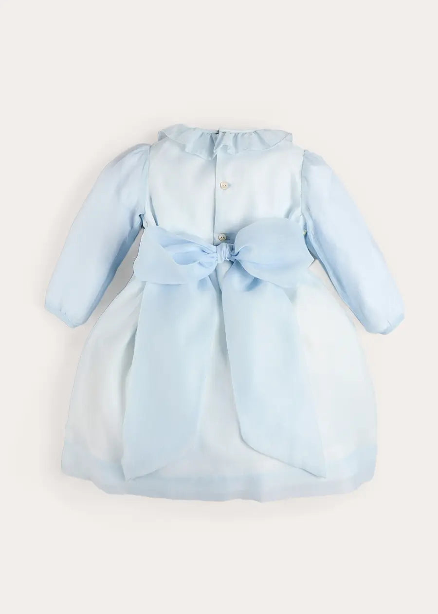Daisy Embroidered Hand Smocked Long Sleeve Dress in Blue (18mths-8yrs) Dresses from Pepa London