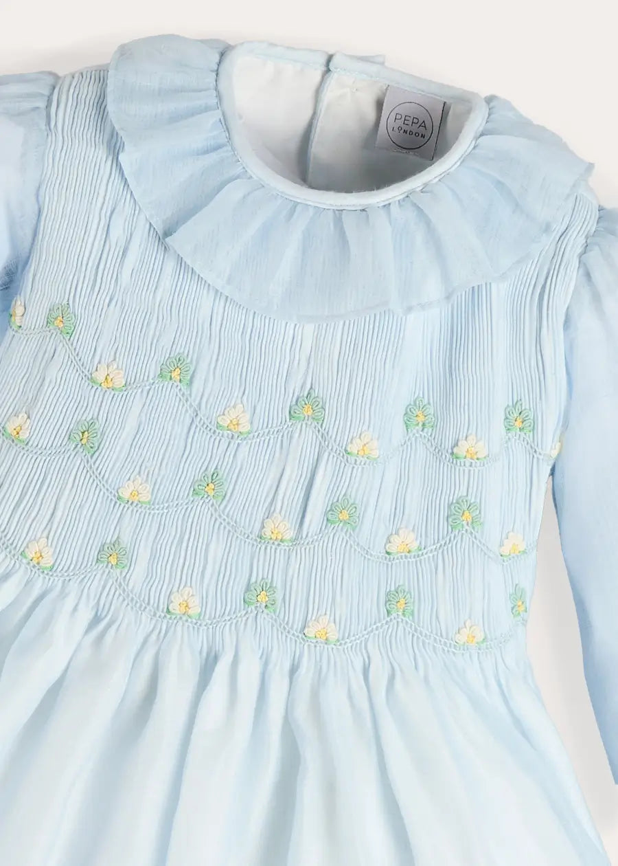Daisy Embroidered Hand Smocked Long Sleeve Dress in Blue (18mths-8yrs) Dresses from Pepa London