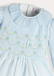 Daisy Embroidered Hand Smocked Long Sleeve Dress in Blue (18mths-8yrs) Dresses from Pepa London
