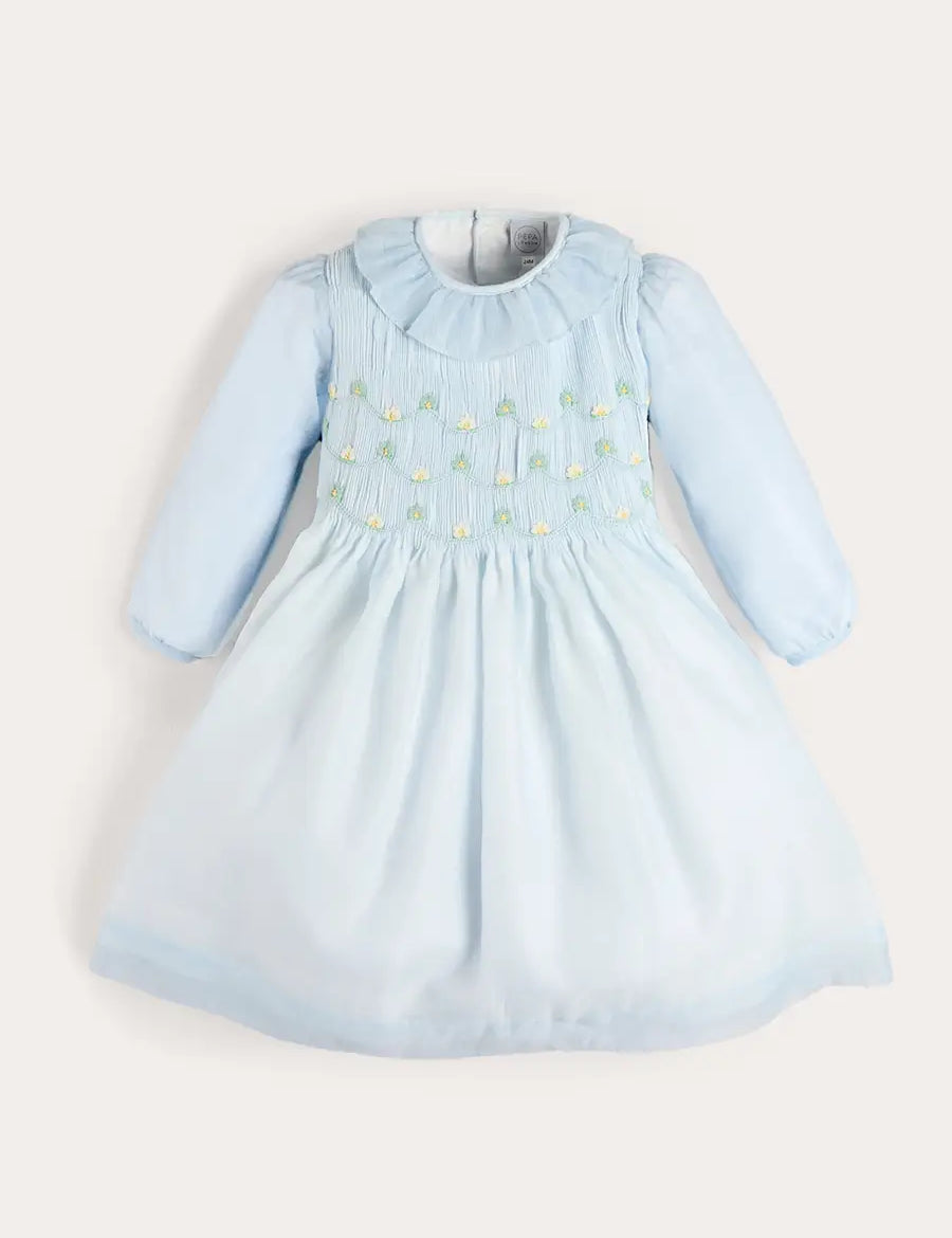 Daisy Embroidered Hand Smocked Long Sleeve Dress in Blue (18mths-8yrs) Dresses from Pepa London