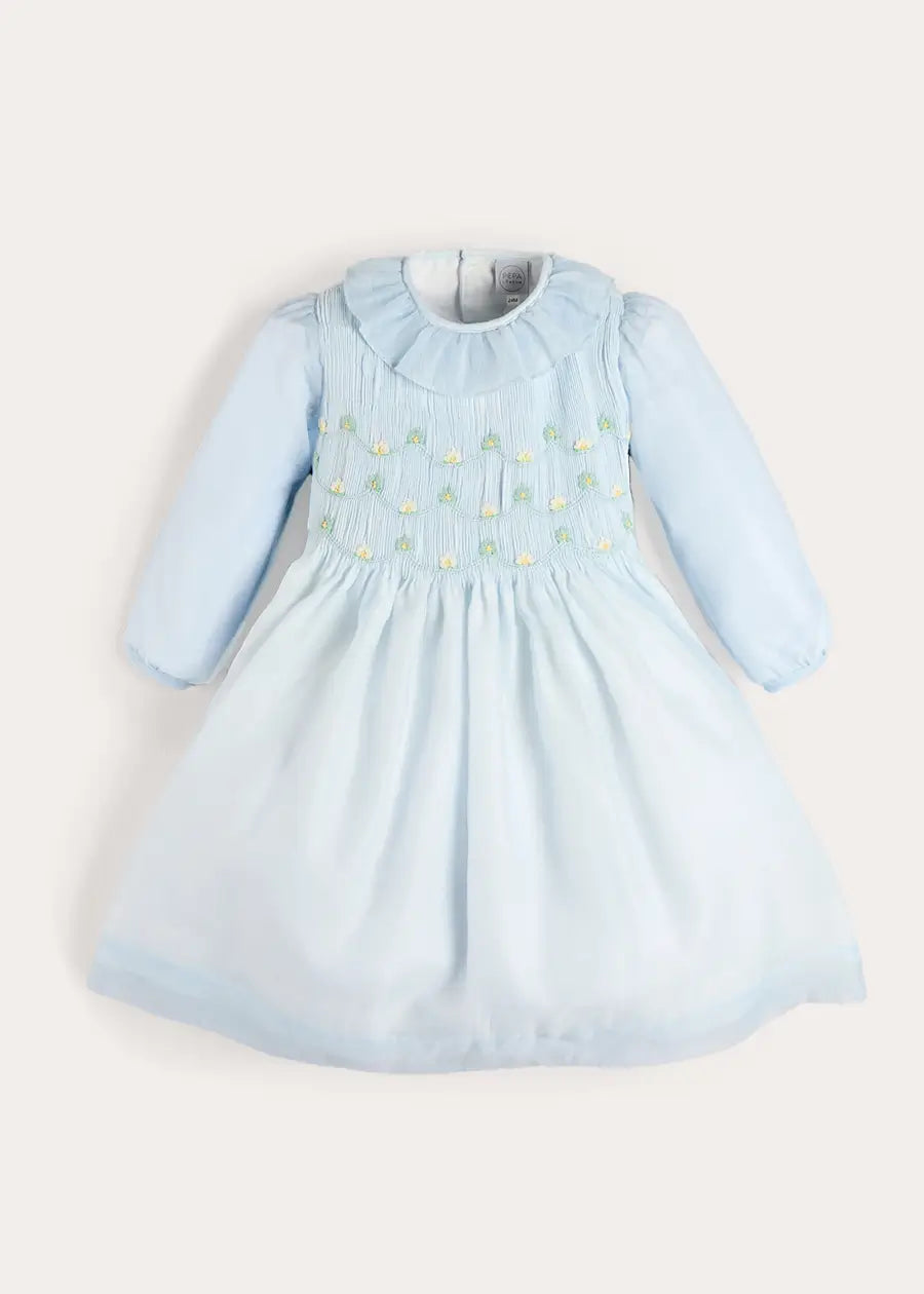 Daisy Embroidered Hand Smocked Long Sleeve Dress in Blue (18mths-8yrs) Dresses from Pepa London