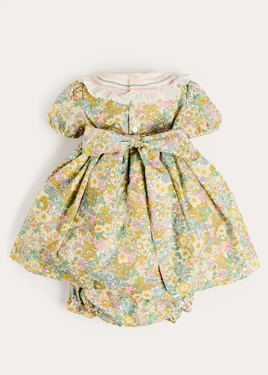 Charlotte Floral Hand Smocked Embroidered Collar Short Sleeve Dress With Bloomers in Green (6mths-3yrs) Dresses from Pepa London