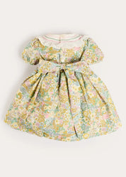Charlotte Floral Hand Smocked Embroidered Collar Short Sleeve Dress in Green (4-8yrs) Dresses from Pepa London