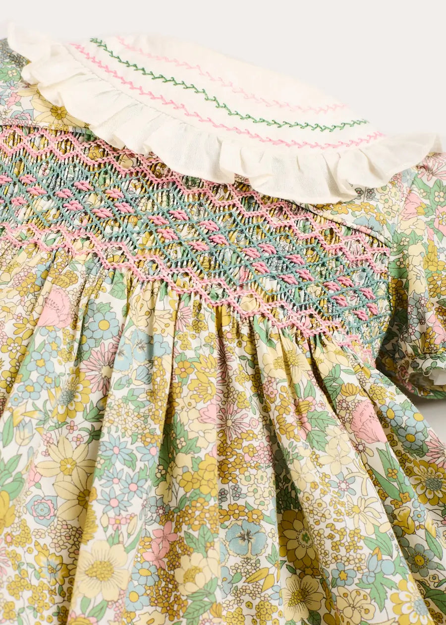 Charlotte Floral Hand Smocked Embroidered Collar Short Sleeve Dress in Green (4-8yrs) Dresses from Pepa London