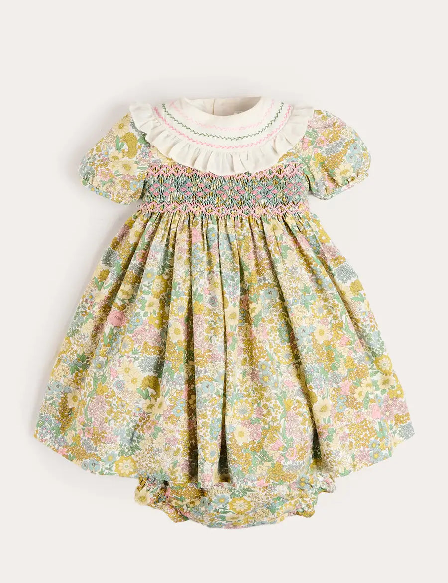 Charlotte Floral Hand Smocked Embroidered Collar Short Sleeve Dress With Bloomers in Green (6mths-3yrs) Dresses from Pepa London