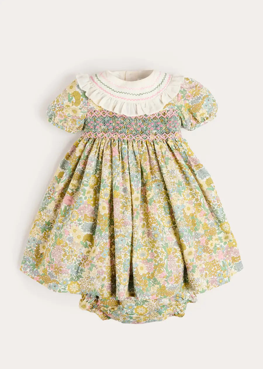 Charlotte Floral Hand Smocked Embroidered Collar Short Sleeve Dress With Bloomers in Green (6mths-3yrs) Dresses from Pepa London