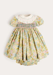 Charlotte Floral Hand Smocked Embroidered Collar Short Sleeve Dress With Bloomers in Green (6mths-3yrs) Dresses from Pepa London
