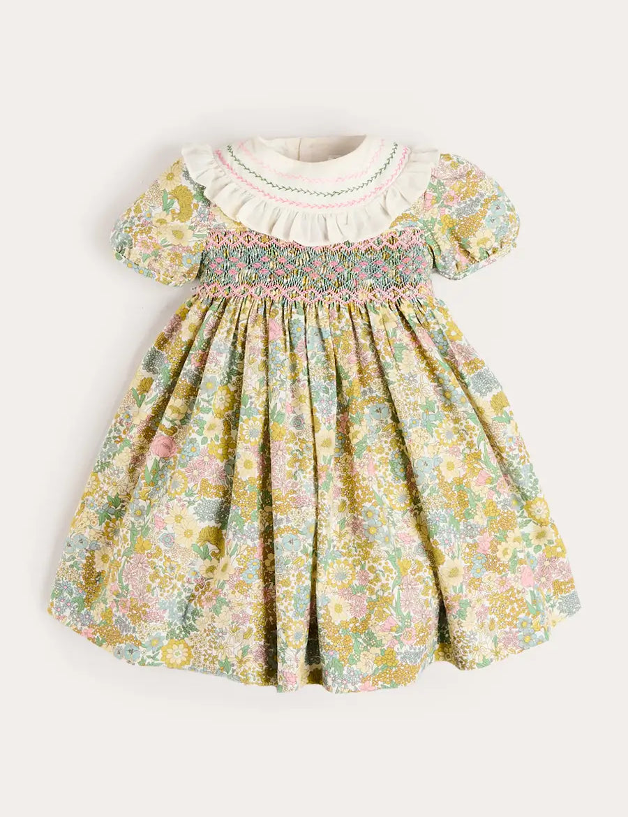 Charlotte Floral Hand Smocked Embroidered Collar Short Sleeve Dress in Green (4-8yrs) Dresses from Pepa London