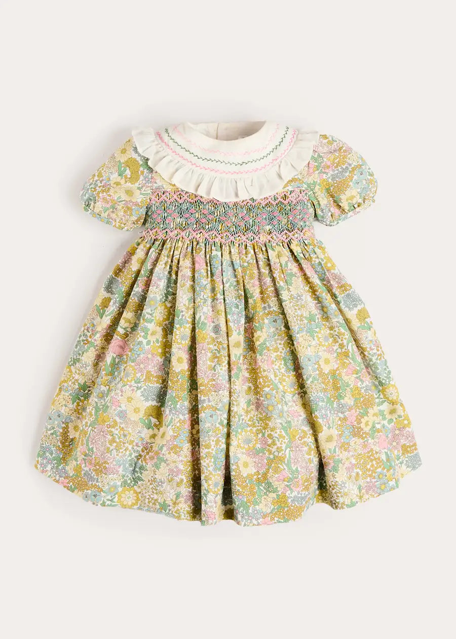 Charlotte Floral Hand Smocked Embroidered Collar Short Sleeve Dress in Green (4-8yrs) Dresses from Pepa London