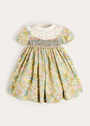 Charlotte Floral Hand Smocked Embroidered Collar Short Sleeve Dress in Green (4-8yrs) Dresses from Pepa London