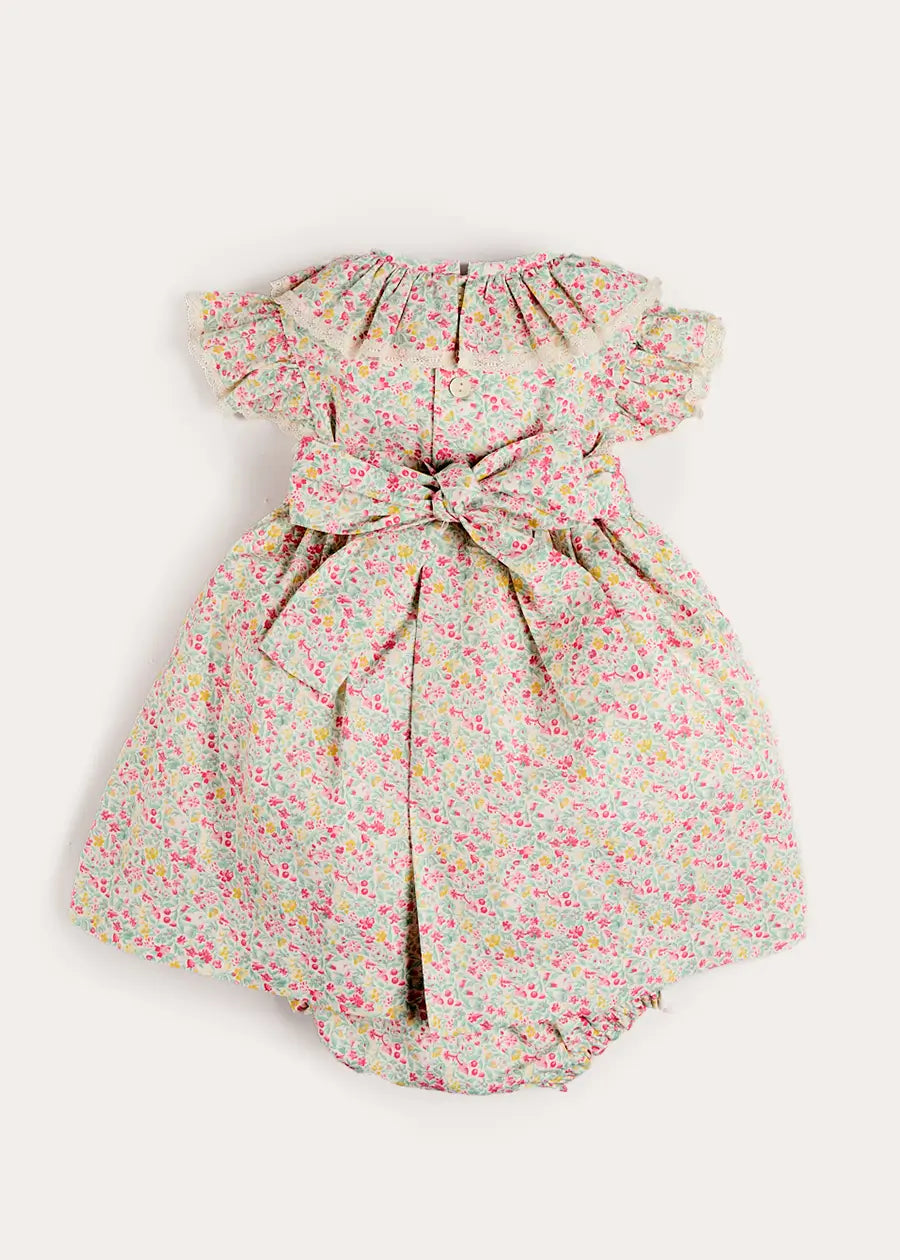 Adelaide Floral Hand Smocked Ruffle Collar Cap Sleeve Dress With Bloomers in Pink (12mths-6yrs) Dresses from Pepa London