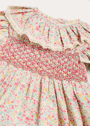 Adelaide Floral Hand Smocked Ruffle Collar Cap Sleeve Dress With Bloomers in Pink (12mths-6yrs) Dresses from Pepa London