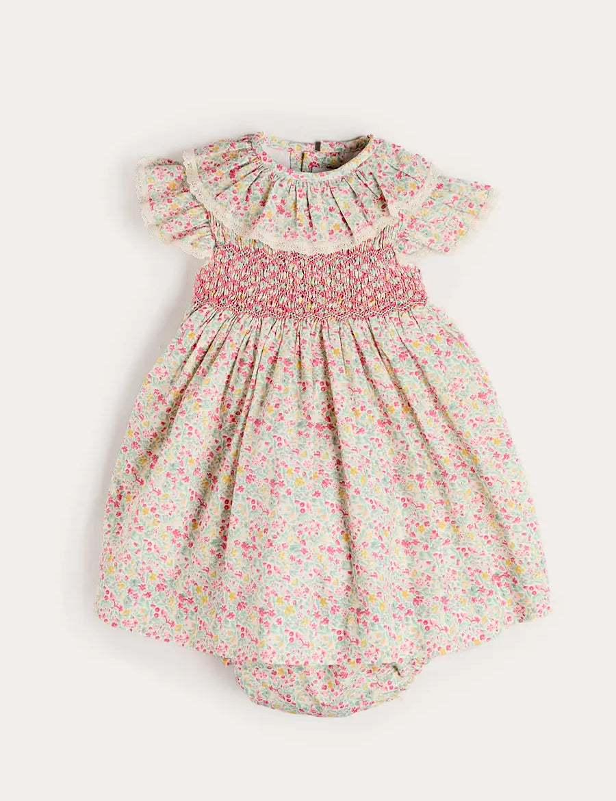 Adelaide Floral Hand Smocked Ruffle Collar Cap Sleeve Dress in Pink (12mths-6yrs) DRESSES from Pepa London
