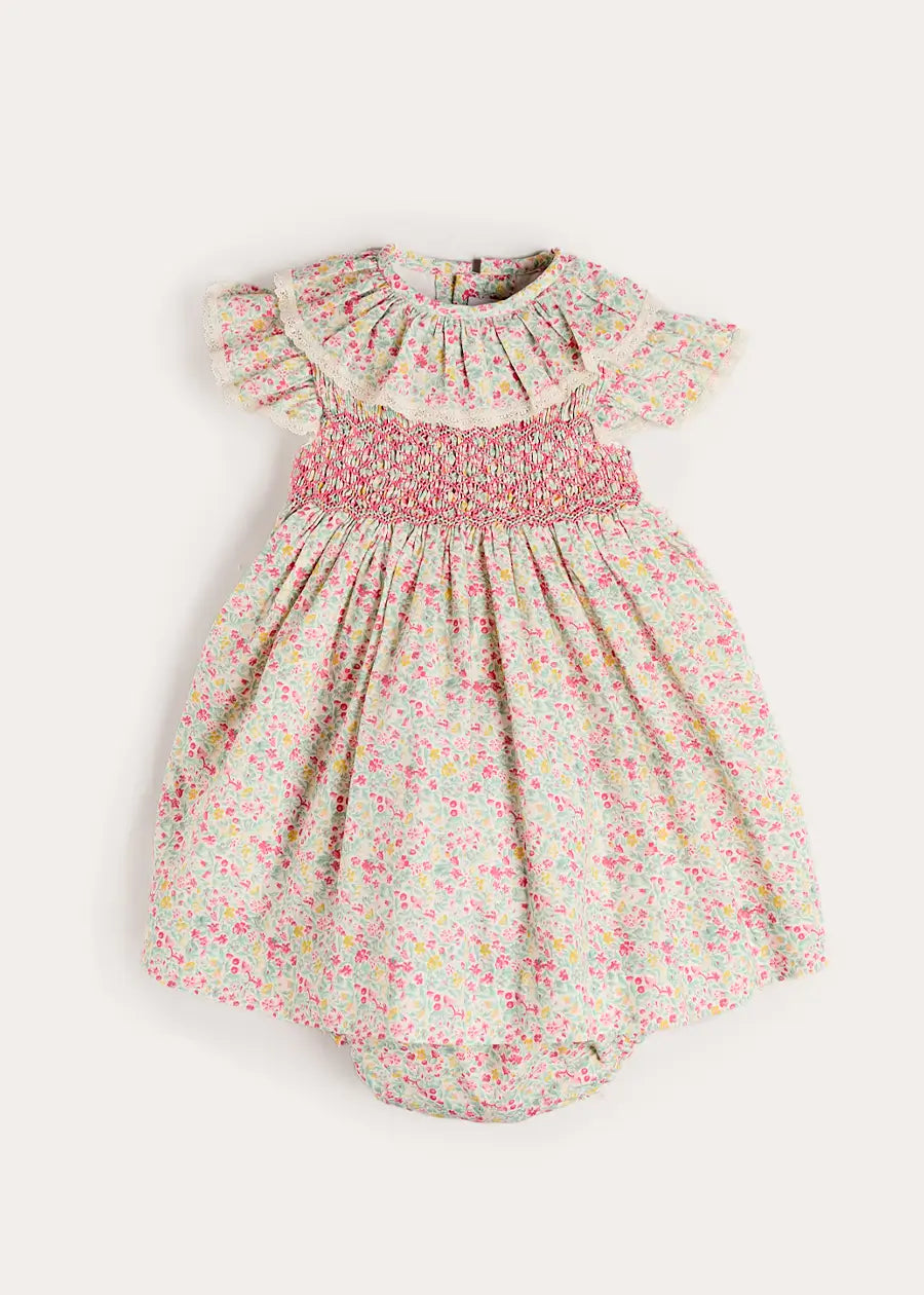 Adelaide Floral Hand Smocked Ruffle Collar Cap Sleeve Dress With Bloomers in Pink (12mths-6yrs) Dresses from Pepa London