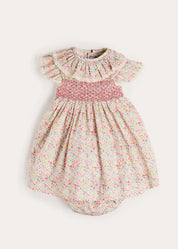 Adelaide Floral Hand Smocked Ruffle Collar Cap Sleeve Dress With Bloomers in Pink (12mths-6yrs) Dresses from Pepa London
