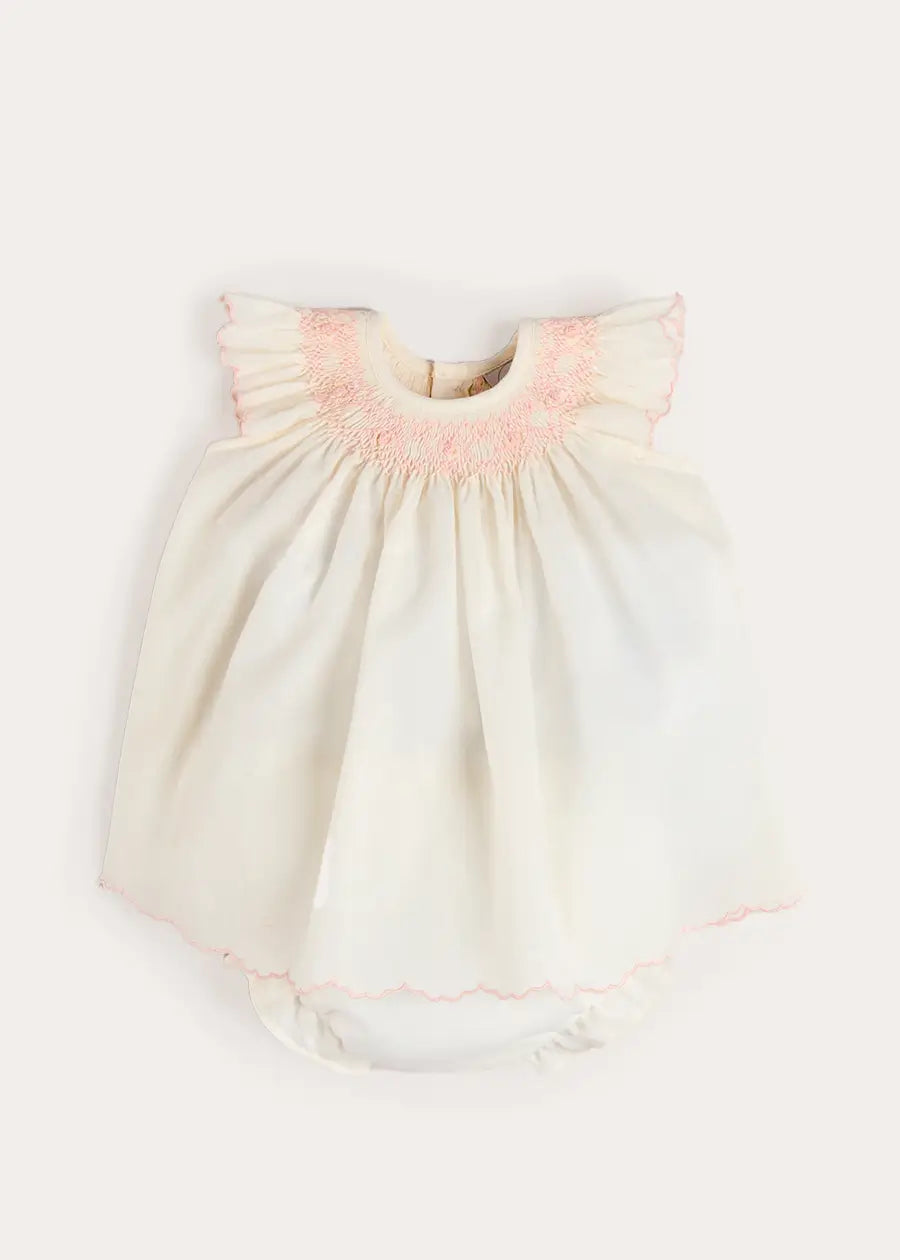 Linen Blend Hand Smocked Cap Sleeve Dress With Bloomers in White (1-6mths) Dresses from Pepa London