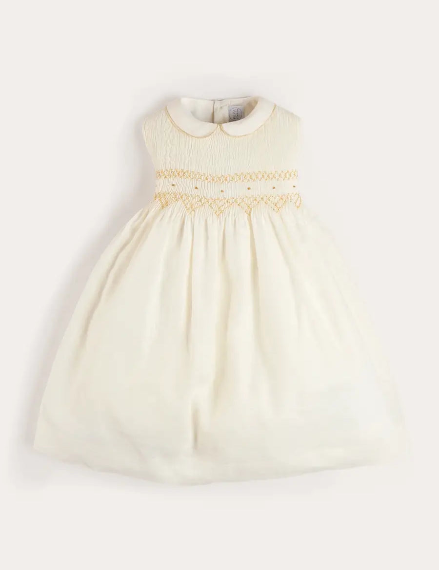 Hand Smocked Gold Embroidered Sleeveless Dress in Ivory (12mths- 10yrs) Dresses from Pepa London