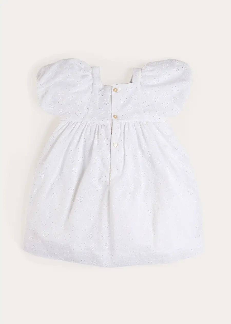 Flower Embroidered Broderie Anglaise Short Sleeve Dress in White (12mths-12yrs) DRESSES from Pepa London