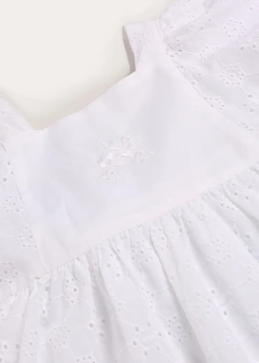 Flower Embroidered Broderie Anglaise Short Sleeve Dress in White (12mths-12yrs) DRESSES from Pepa London