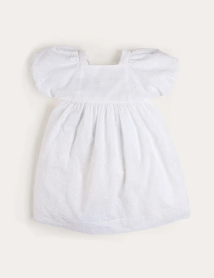 Flower Embroidered Broderie Anglaise Short Sleeve Dress in White (12mths-12yrs) DRESSES from Pepa London