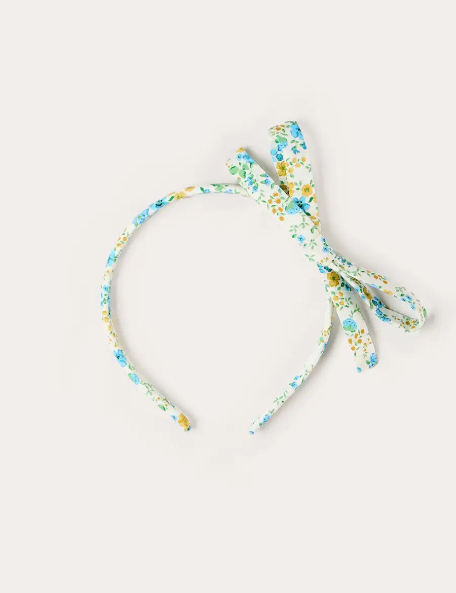 Louisa Floral Thin Bow Hairband in Blue Hair Accessories from Pepa London