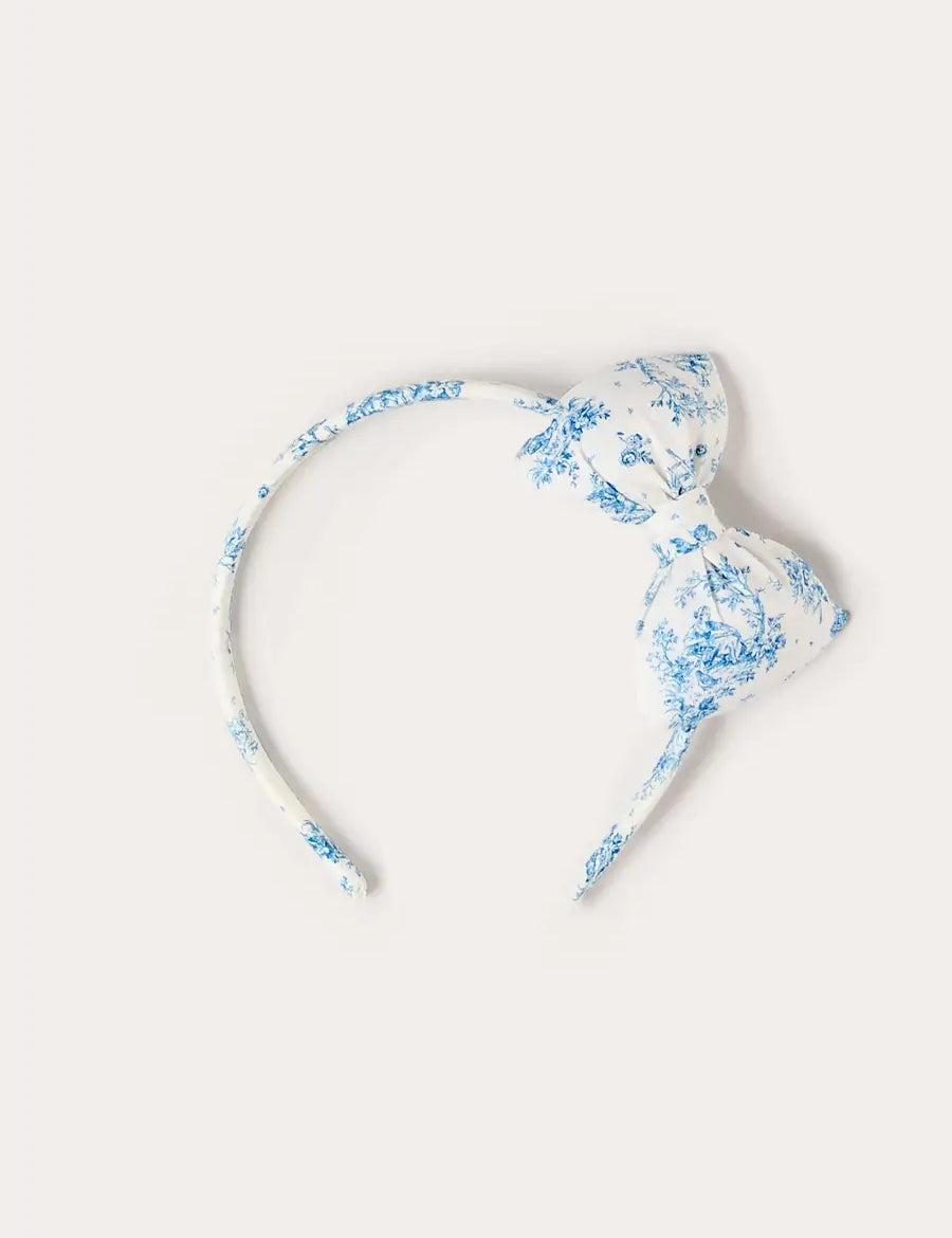 Audrey Toile Medium Bow Hairband in Blue Hair Accessories from Pepa London